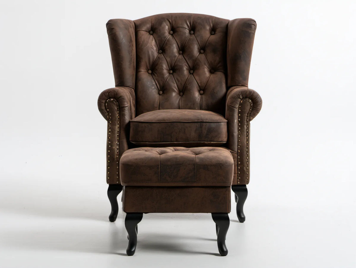 Fotel uszak Chesterfield ciemnobrązowy z tapicerką PU 85 x 90 x 110 cm