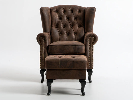 Fotel uszak Chesterfield ciemnobrązowy z tapicerką PU 85 x 90 x 110 cm