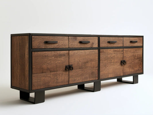 Kredens industrialny z litego drewna mango i stali, brązowo-czarny, 180 × 45 × 85 cm