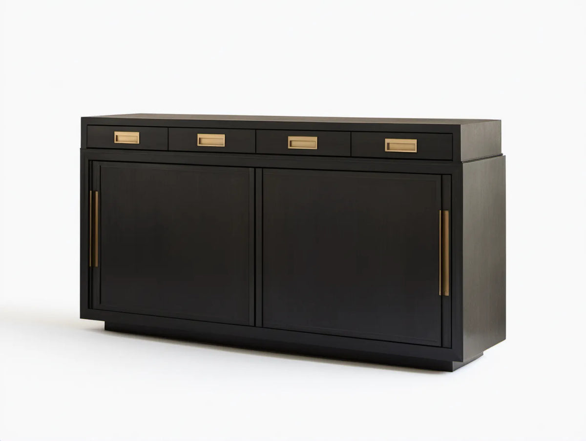 Czarny kredens MDF z mosiężnymi uchwytami, 180 x 45 x 90 cm, 4 szuflady i 2 drzwi