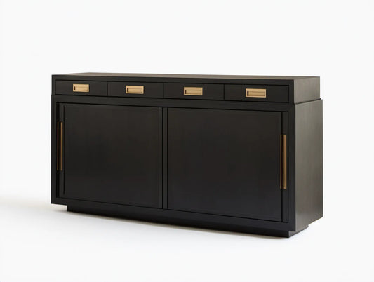 Czarny kredens MDF z mosiężnymi uchwytami, 180 x 45 x 90 cm, 4 szuflady i 2 drzwi