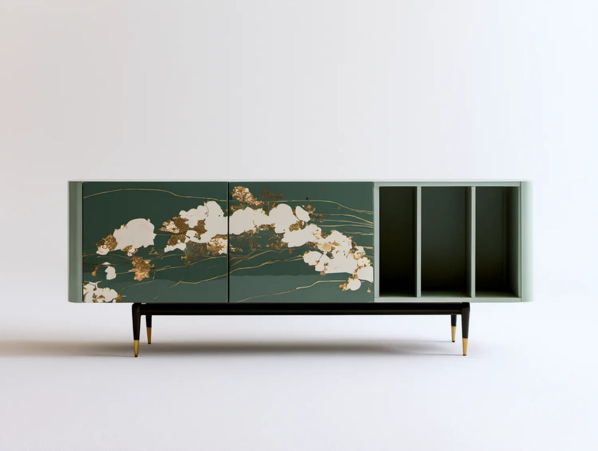 Zielony kredens MDF 200 x 45 x 85 cm z 2 drzwiami i 2 otwartymi wnękami